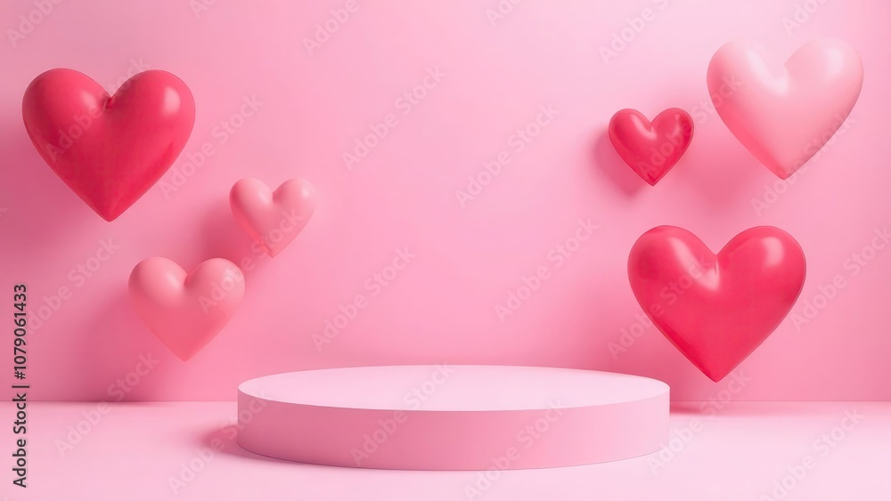 Pink podium surrounded by floating red and pink heart balloons on a pastel background. Perfect for Valentine's Day, love-themed presentations, or romantic product displays Pink podium surrounded by floating red and pink heart balloons on a pastel background. Perfect for Valentine's Day, love-themed presentations, or romantic product displays