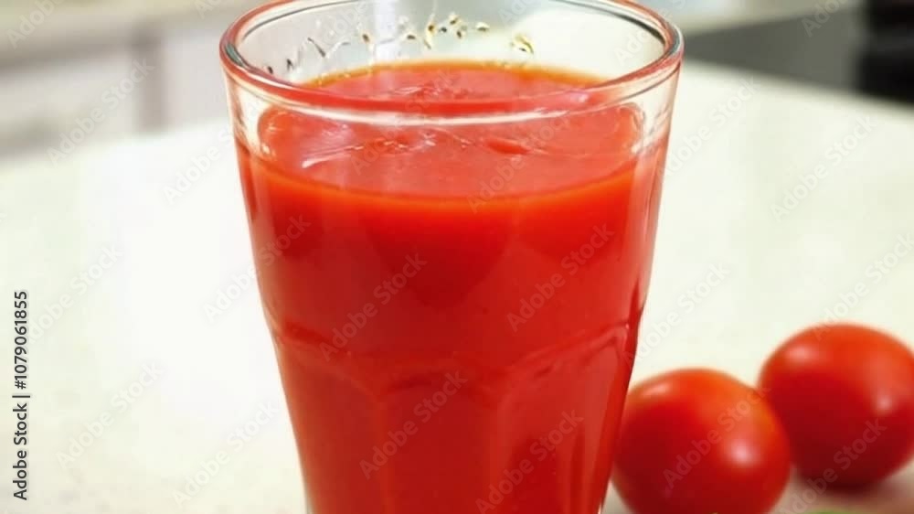 close-up of rich red tomato juice being poured into a glass with cherry tomatoes and basil leaf, pouring red tomato juice into a clear glass with fresh cherry tomatoes and basil leaf garnish close-up of rich red tomato juice being poured into a glass with cherry tomatoes and basil leaf, pouring red tomato juice into a clear glass with fresh cherry tomatoes and basil leaf garnish