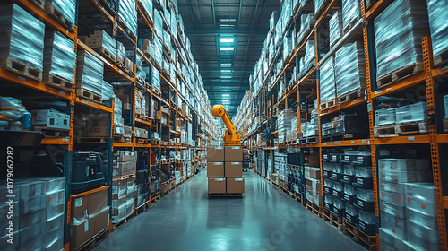 A yellow robotic arm in an empty warehouse lifting boxes of goods, showcasing automation in logistics and warehouse management. The image highlights the efficiency and precision of robotic technology,