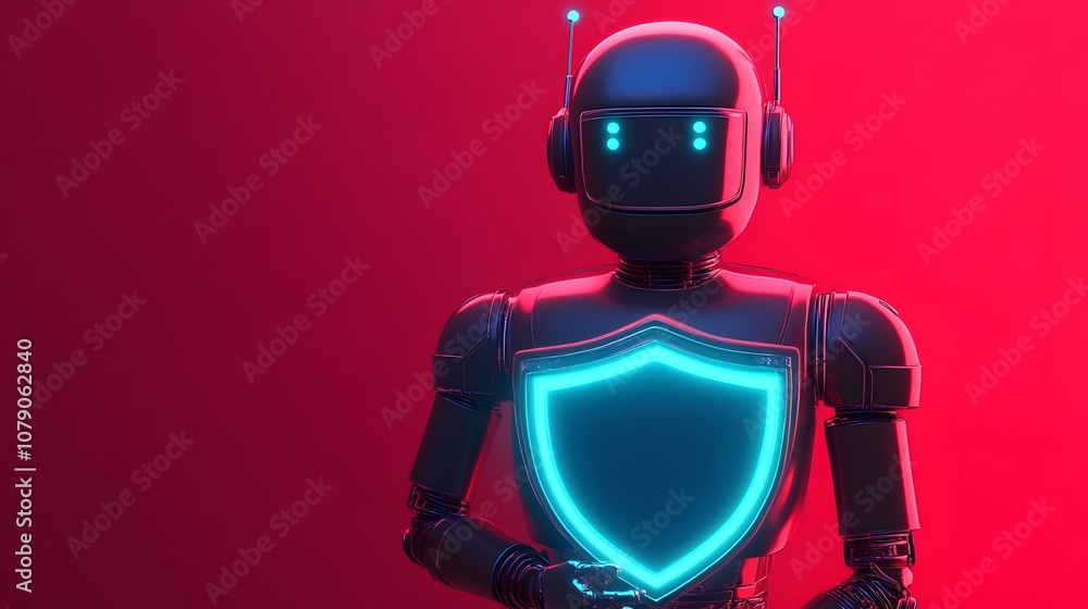 Futuristic Robot Character Holding Shield in Neon Colors Symbolizing Cybersecurity and Technology in a Digital Age Futuristic Robot Character Holding Shield in Neon Colors Symbolizing Cybersecurity and Technology in a Digital Age