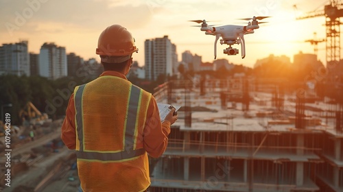 Fototapeta Naklejka Na Ścianę i Meble -  Engineer on Construction Site Using Drone Equipped with for Surveying and Mapping Terrain