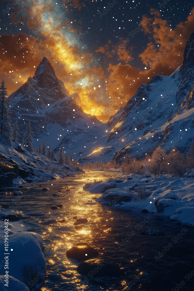 A snowy landscape with a river running through it A snowy landscape with a river running through it