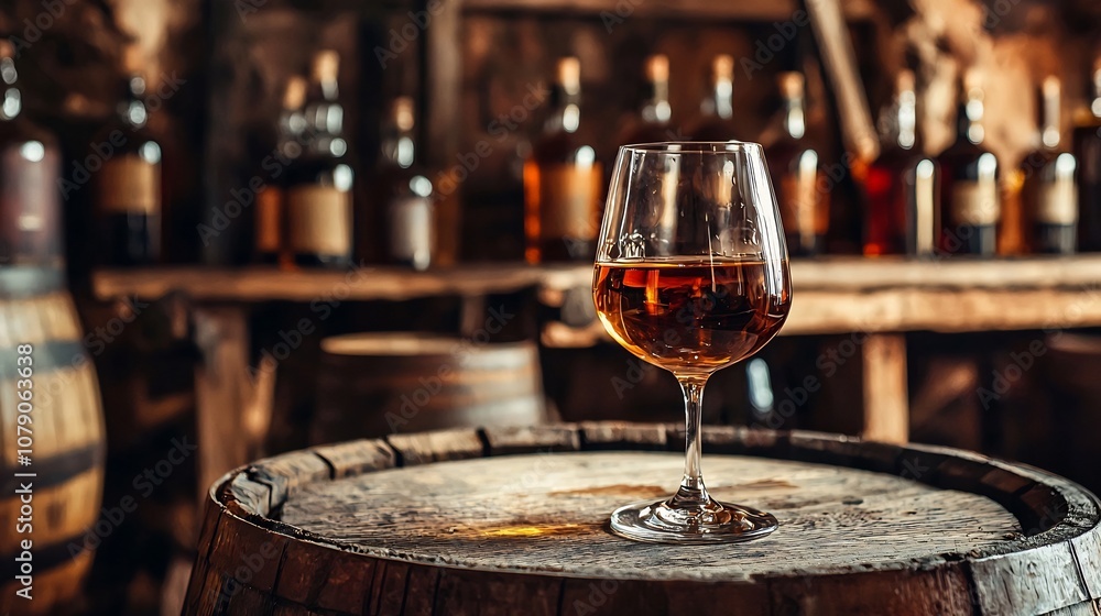 Brandy Glass Sitting on Wooden Barrel in Rustic Cellar with Vintage Bottles and Casks Brandy Glass Sitting on Wooden Barrel in Rustic Cellar with Vintage Bottles and Casks