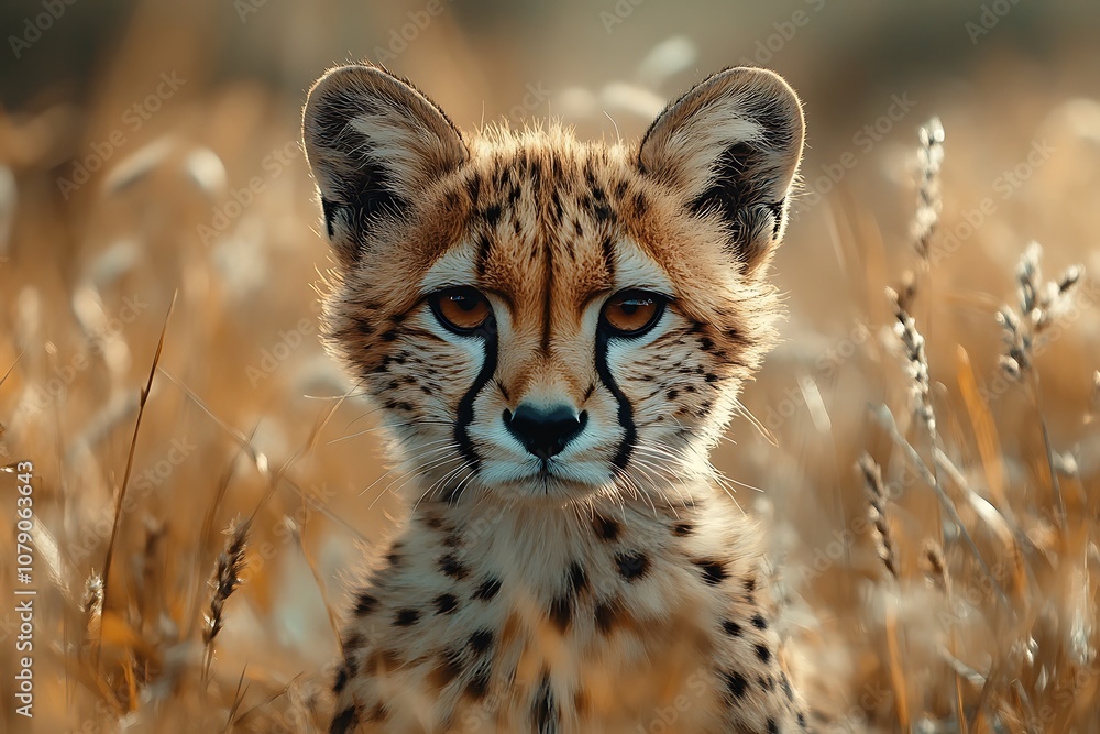Cheetah Cub Portrait in Golden Grass with Blurred Background. Cheetah Cub Portrait in Golden Grass with Blurred Background.