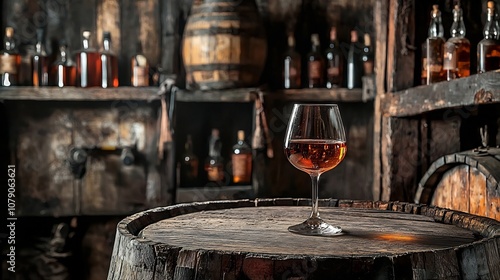 Artfully Aged Brandy in Rustic Cellar Setting Showcasing Craftsmanship