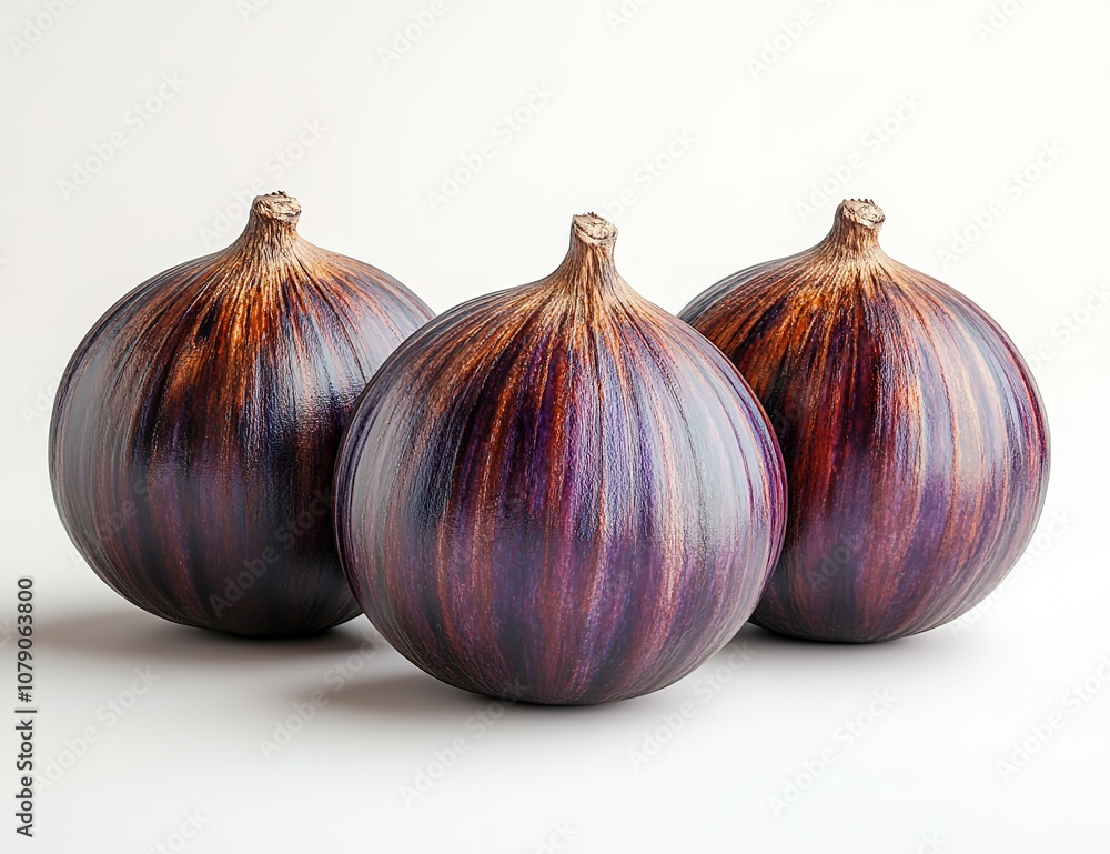 Obraz premium Three purple onions with a unique wood grain pattern sit on a white background.
