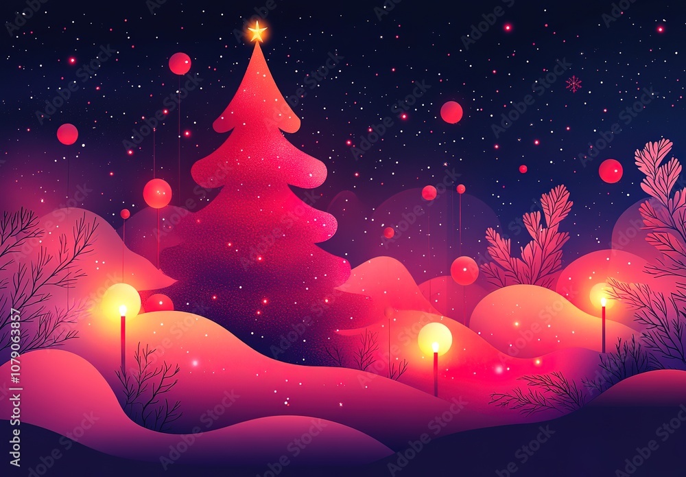 Fototapeta premium A festive, digital illustration of a winter scene with a Christmas tree and glowing lights.