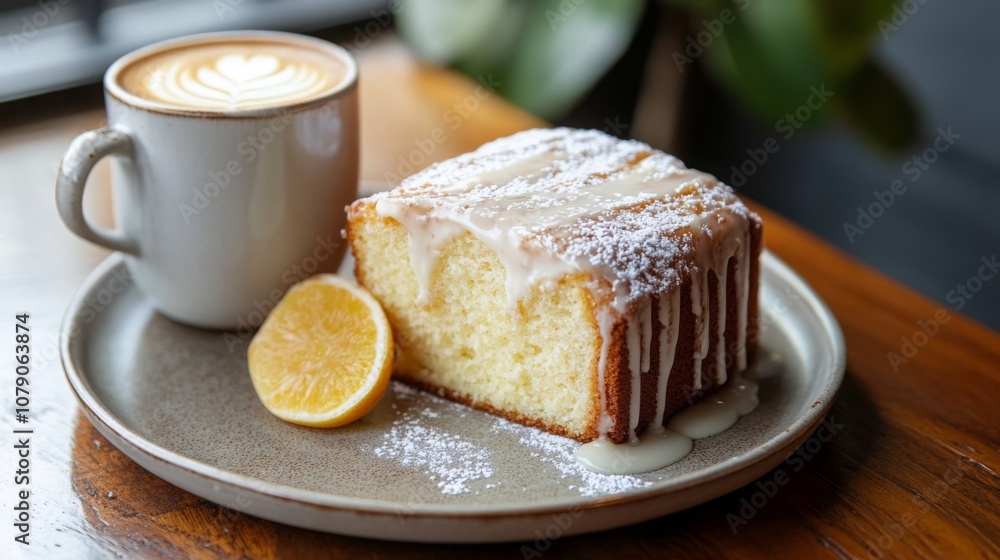 A slice of moist lemon drizzle cake with icing sits on a plate beside a warm cup of coffee. The setting features a cozy atmosphere with natural light highlighting the treats. A slice of moist lemon drizzle cake with icing sits on a plate beside a warm cup of coffee. The setting features a cozy atmosphere with natural light highlighting the treats.
