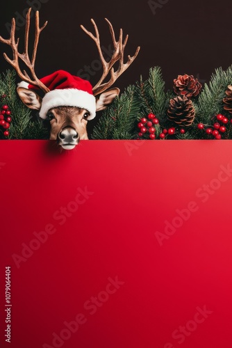 Christmas and reindeer with Santa hat with holiday festive decor for sales display banner