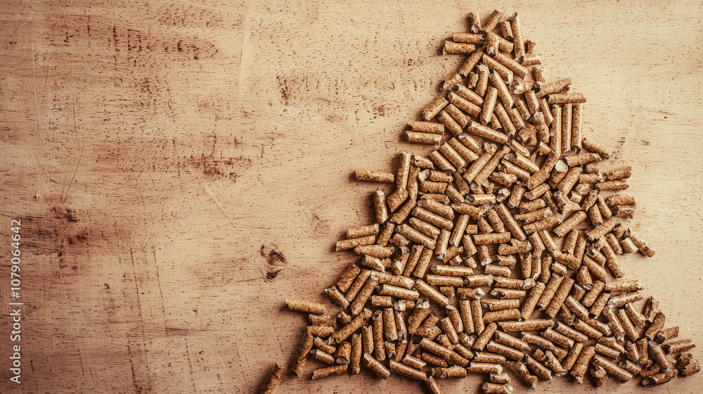 A top-down view of wood pellets meticulously arranged in the shape of a Christmas tree on a rustic wooden background. Generative AI A top-down view of wood pellets meticulously arranged in the shape of a Christmas tree on a rustic wooden background. Generative AI