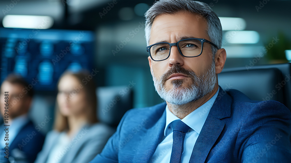 Fototapeta premium Executives analyze data trends in a modern control room for strategic business decisions