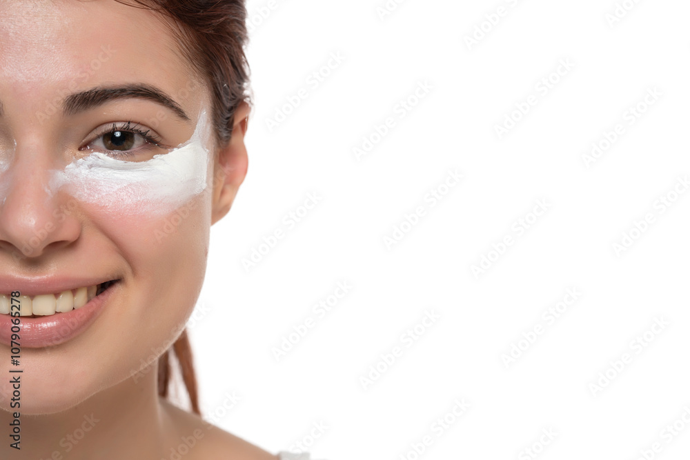 Half portrait of adorable, stylish redhead with cream under eyes, botox effect, fighting with dark circles, looking at camera isolated on white background Half portrait of adorable, stylish redhead with cream under eyes, botox effect, fighting with dark circles, looking at camera isolated on white background
