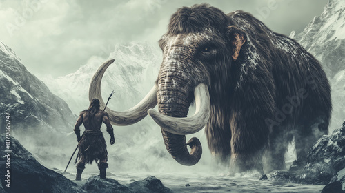 Wallpaper Mural prehistoric hunter faces a massive woolly mammoth in a snowy, mountainous landscape. Epic depiction of Ice Age survival and ancient human history. Torontodigital.ca