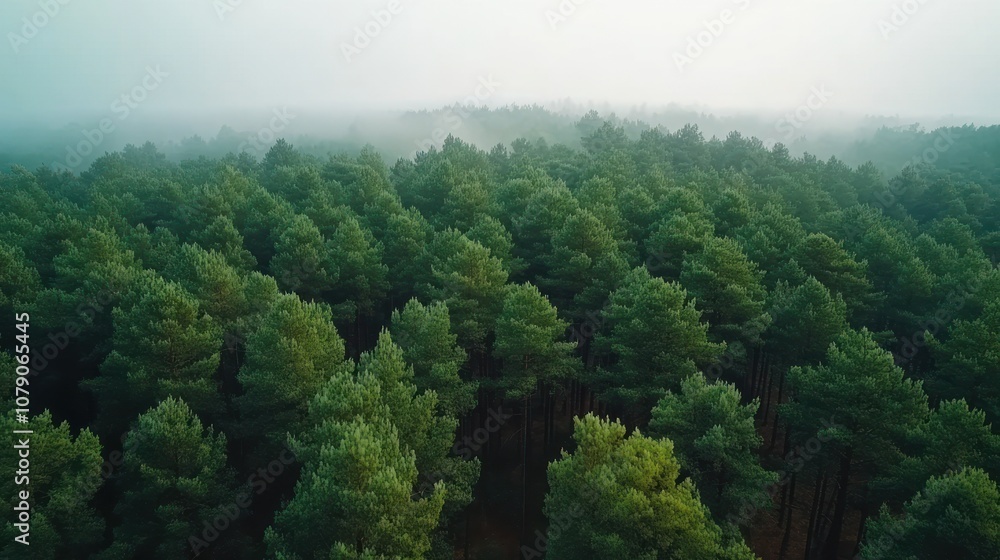 Aerial view of a dense forest with fog in the background. Aerial view of a dense forest with fog in the background.