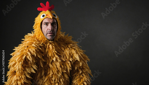 A man wearing a chicken costume stands against a dark backdrop