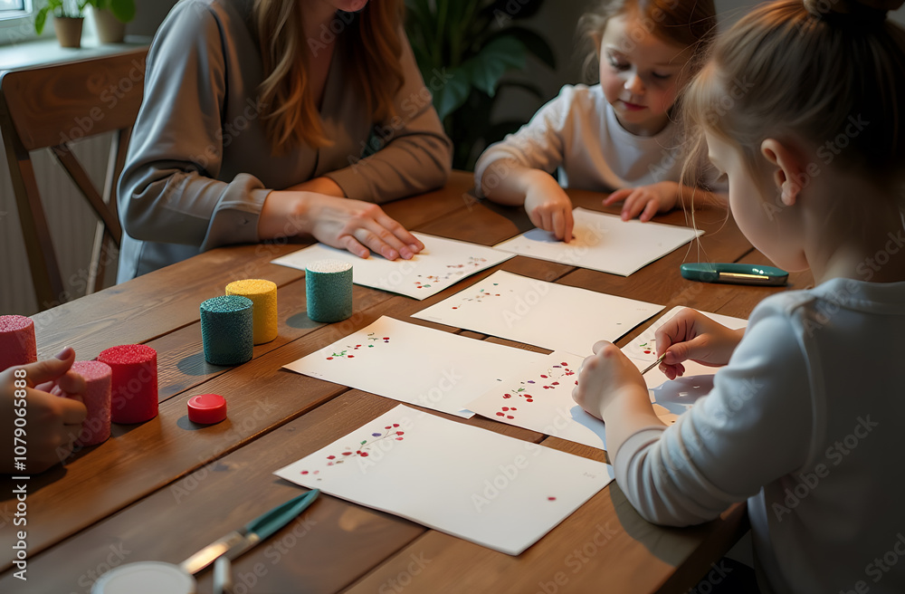 A big wooden table brims with postcards, adhesive, glitter, and paints as kids and parents collaborate on crafting their own greeting cards. This delightful family activity showcases the joy of A big wooden table brims with postcards, adhesive, glitter, and paints as kids and parents collaborate on crafting their own greeting cards. This delightful family activity showcases the joy of