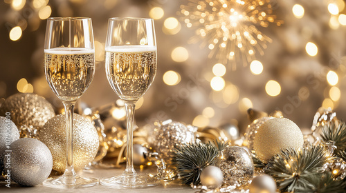 Two champagne glasses with sparkling bubbles, festive decor, and a glowing background of fireworks. Perfect for celebration, holiday, or New Year's Eve themes photo