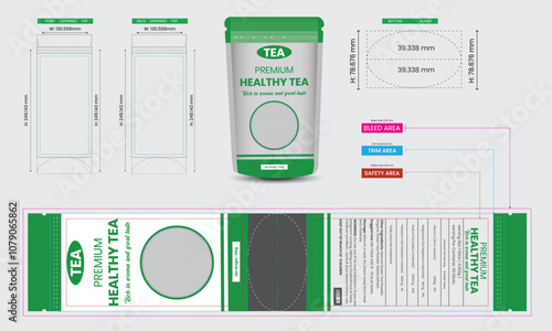 Healthy tea pouch design template, pouch packaging mockup, 100% pure , food and product branding design