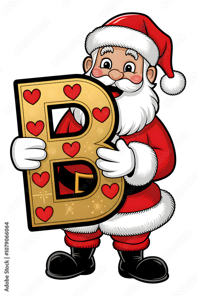 Obraz premium Cartoon Happy Santa Claus Holding the Letter B on White Background, Christmas Theme