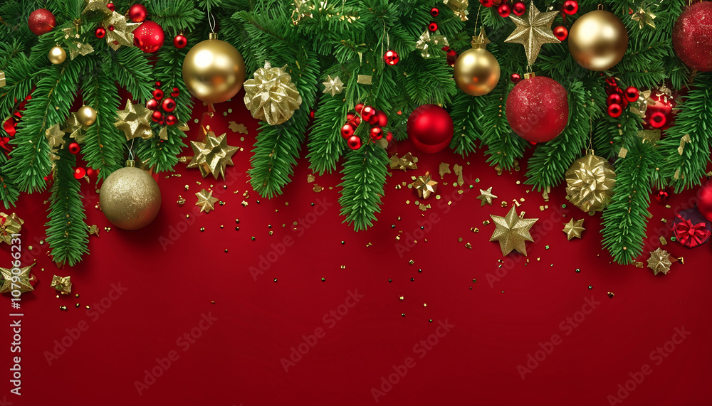 Christmas Ornaments and Pine Branches on a Red Background
Christmas Ornaments and Pine Branches on a Red Background