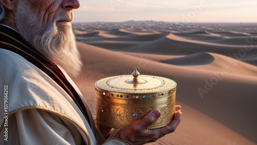 Elderly man holding ornate gold box in desert landscape photo