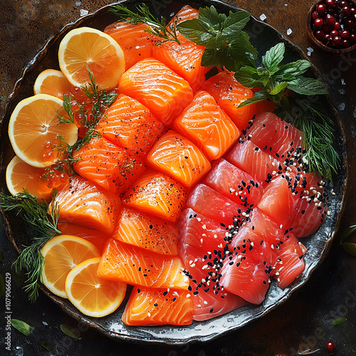 Thinly sliced of salmon, tuna and king fish, served with fresh lemon photo