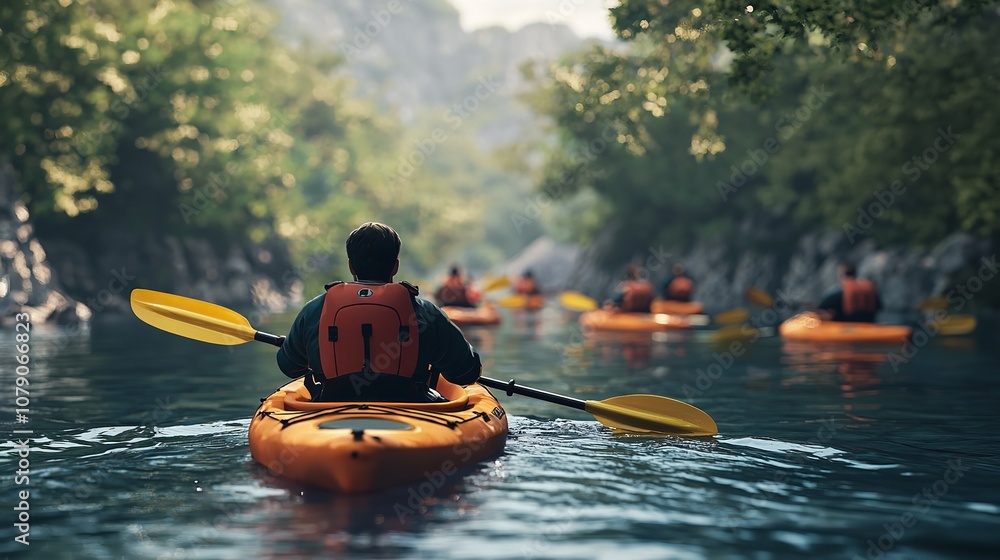 A Group of People Paddling Down a River in Canoes A Group of People Paddling Down a River in Canoes