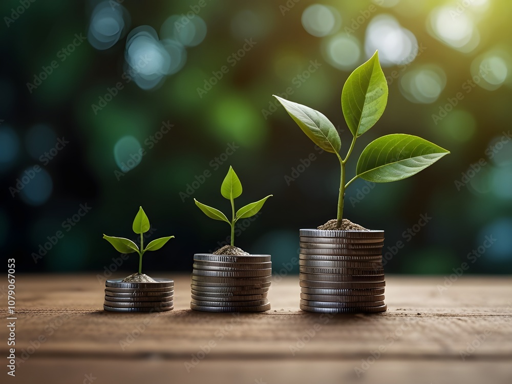 Financial growth represented by stacks of seedling coins and up arrow symbolizing success Concept Financial growth represented by stacks of seedling coins and up arrow symbolizing success Concept