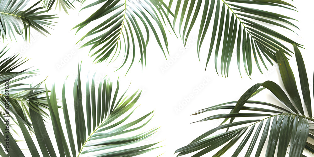 Vibrant lush green palm leaves with intricate frond patterns and natural texture isolated on white background Vibrant lush green palm leaves with intricate frond patterns and natural texture isolated on white background