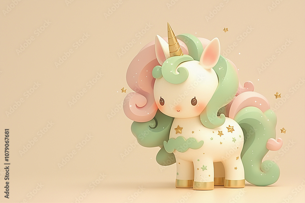 A cute cartoon unicorn with a pink mane and blue tail. The unicorn is standing in front of a blue background with stars A cute cartoon unicorn with a pink mane and blue tail. The unicorn is standing in front of a blue background with stars