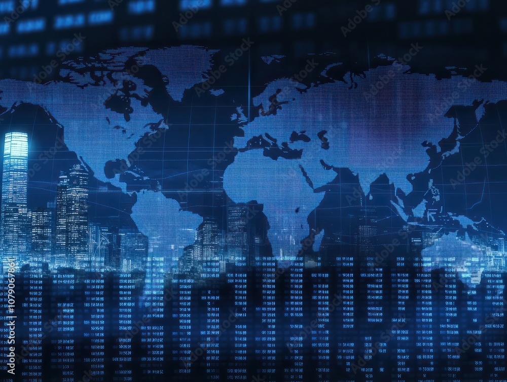 Double exposure global world map on business financial stock market trading background. Double exposure global world map on business financial stock market trading background.