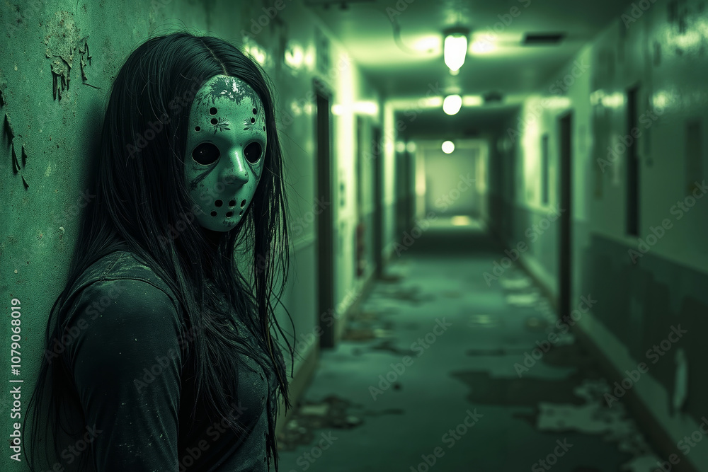 A woman wearing a mask in a dark hallway A woman wearing a mask in a dark hallway