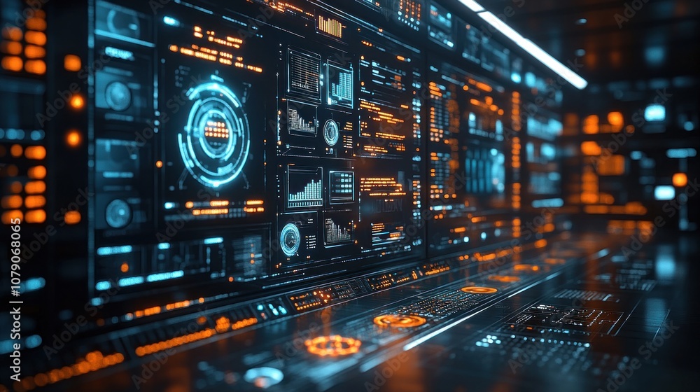 Futuristic control panel with data displays and glowing interfaces. Futuristic control panel with data displays and glowing interfaces.