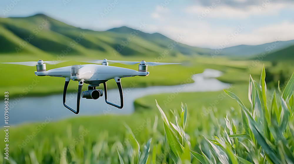 Agricultural drone robot efficiently conducts aerial surveys over lush landscapes Agricultural drone robot efficiently conducts aerial surveys over lush landscapes