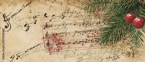 A vintage Christmas composition features aged sheet music with musical notes on weathered parchment paper, decorated with pine branches and red berries in the corner. Generative AI.