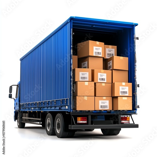 Blue delivery truck with open rear, loaded with cardboard boxes, ready for transporting goods. Ideal for logistics and shipping themes. on a white background