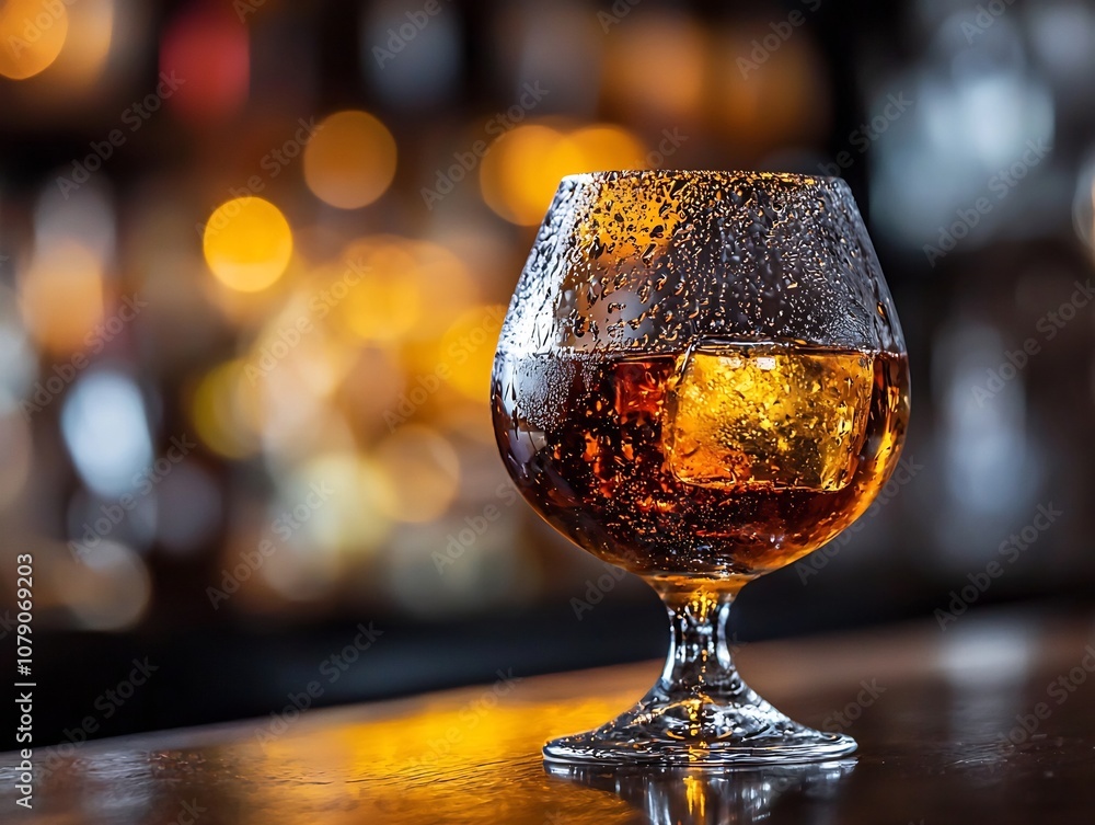 Brandy Glass on a Wooden Bar with Warm and Cool Contrasting Tones Brandy Glass on a Wooden Bar with Warm and Cool Contrasting Tones
