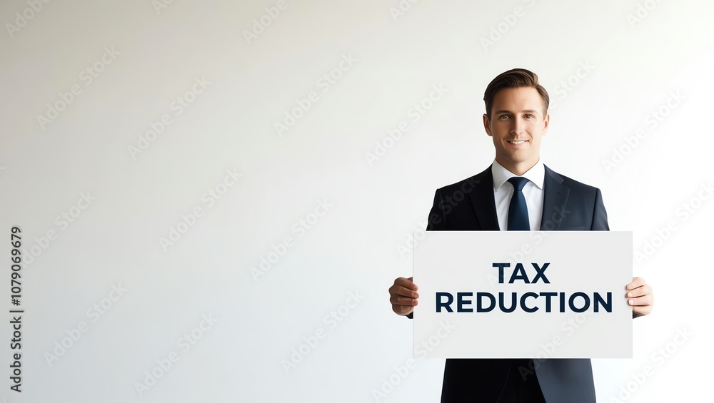 Smiling businessman wearing suit, holding a sign that reads 'Tax Reduction', demonstrating financial benefits in a professional setting. on a white background Smiling businessman wearing suit, holding a sign that reads 'Tax Reduction', demonstrating financial benefits in a professional setting. on a white background