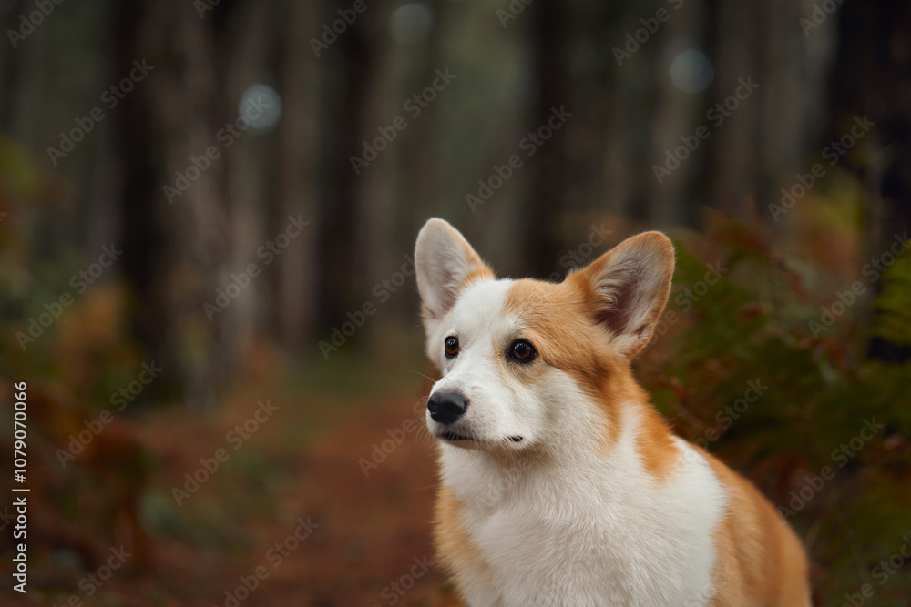 A corgi dog sits outdoors in the forest, looking relaxed and calm. The dog is surrounded by trees, enjoying the peaceful autumn setting. A corgi dog sits outdoors in the forest, looking relaxed and calm. The dog is surrounded by trees, enjoying the peaceful autumn setting.