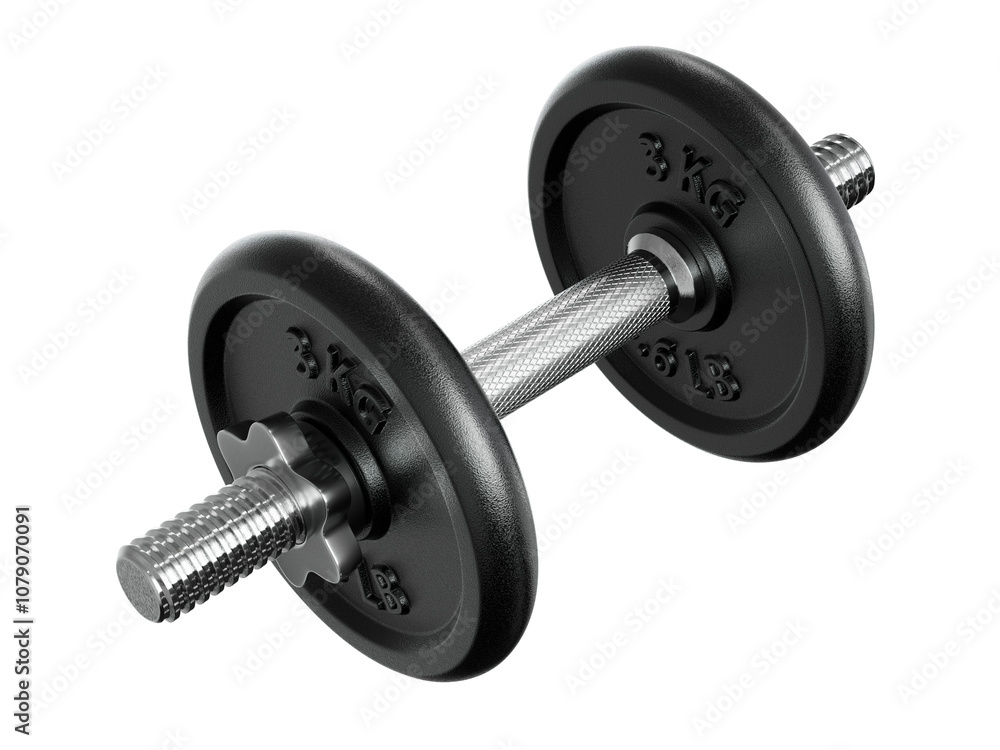 Naklejka premium Cast Iron Black Adjustable Dumbbell, weightlifting gym equipment, side view. Png clipart isolated on transparent background