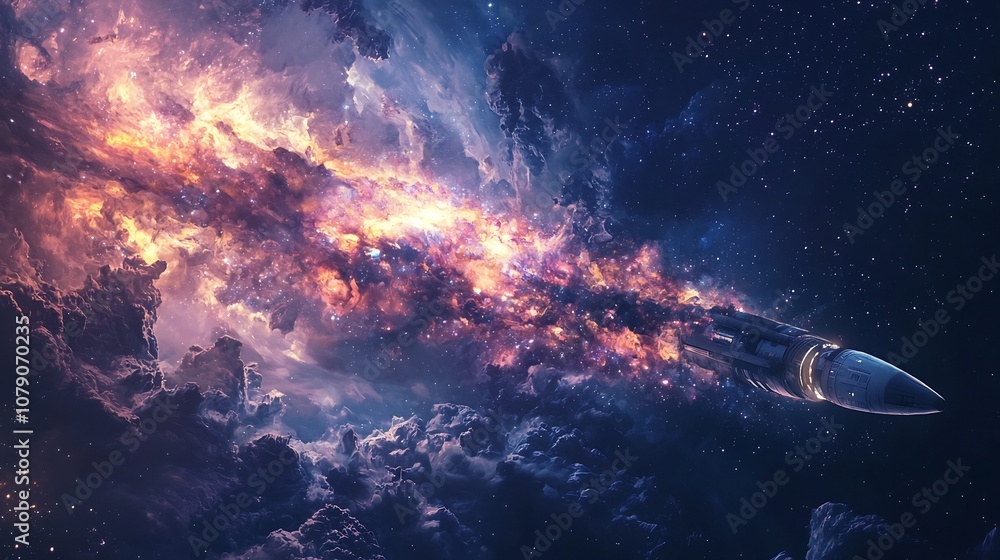 Fototapeta premium Boundless Cosmic Voyage Abstract Space Rocket Surging Through Swirling Galaxies and Nebulae