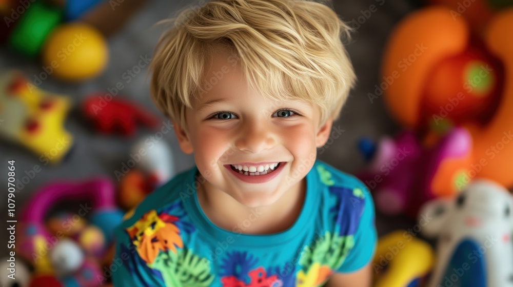 Joyful young boy with blonde hair smiling and colorful toys in background Joyful young boy with blonde hair smiling and colorful toys in background