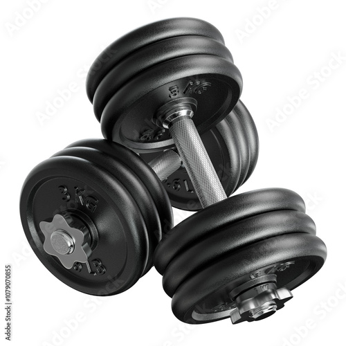 Pair of black adjustable dumbbells, weightlifting gym equipment, side view. Png clipart isolated on transparent background