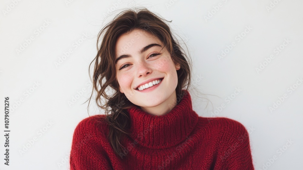 Young woman smiling in cozy red sweater Young woman smiling in cozy red sweater