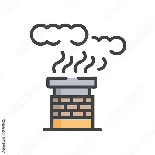Black and gray icon of chimney with smoke, symbolizing winter warmth and relaxation.