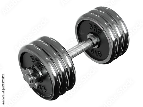 Cast Iron Chrome Adjustable Dumbbell, weightlifting gym equipment, side view. Png clipart isolated on transparent background