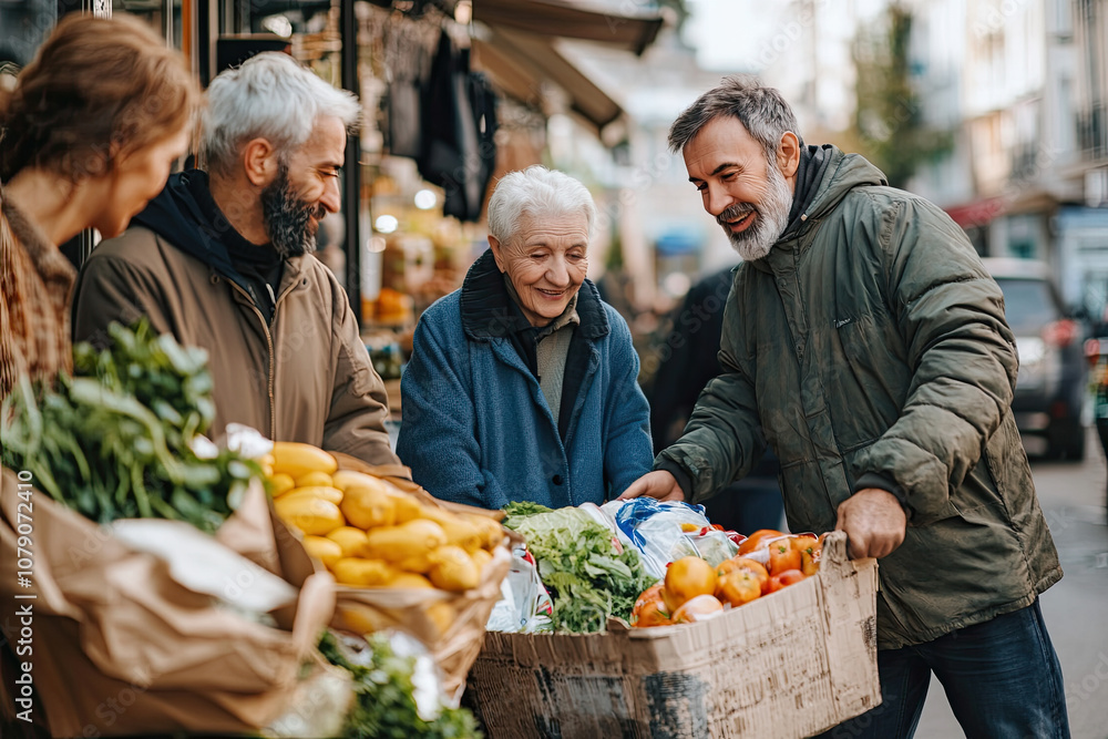 Volunteers assisting elderly people with shopping or carrying groceries Volunteers assisting elderly people with shopping or carrying groceries