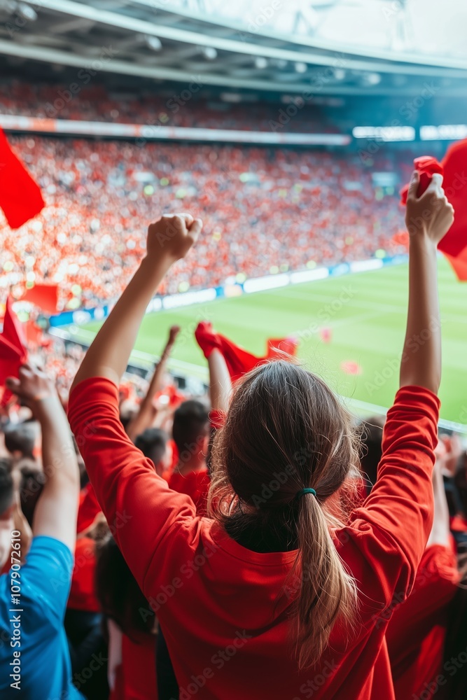 Fototapeta premium Woman seen from the back with more soccer fans cheering at a stadium game
