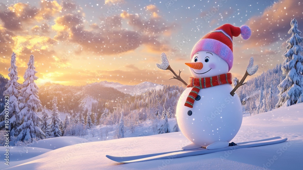 Obraz premium Cute snowman ski in snow field in mountain.
