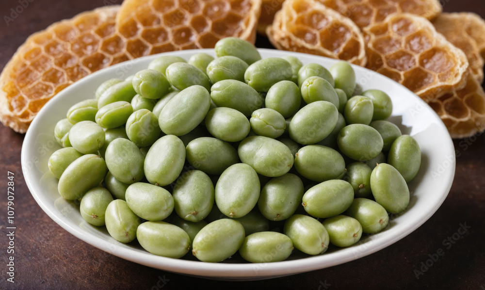 A white bowl filled with green olives sits on a wooden table next to honeycombs A white bowl filled with green olives sits on a wooden table next to honeycombs